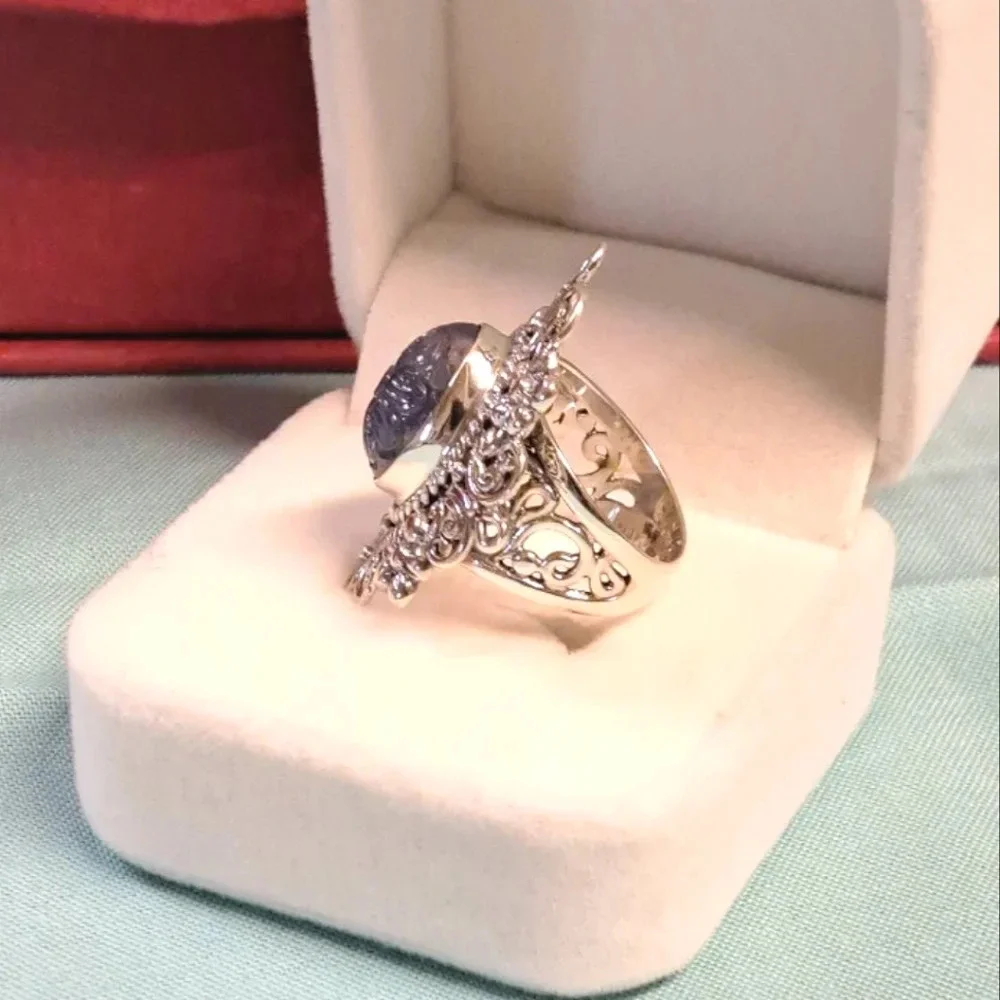 Tanzanite Natural Hand Carved Floral Ring In 925 Sterling Silver.